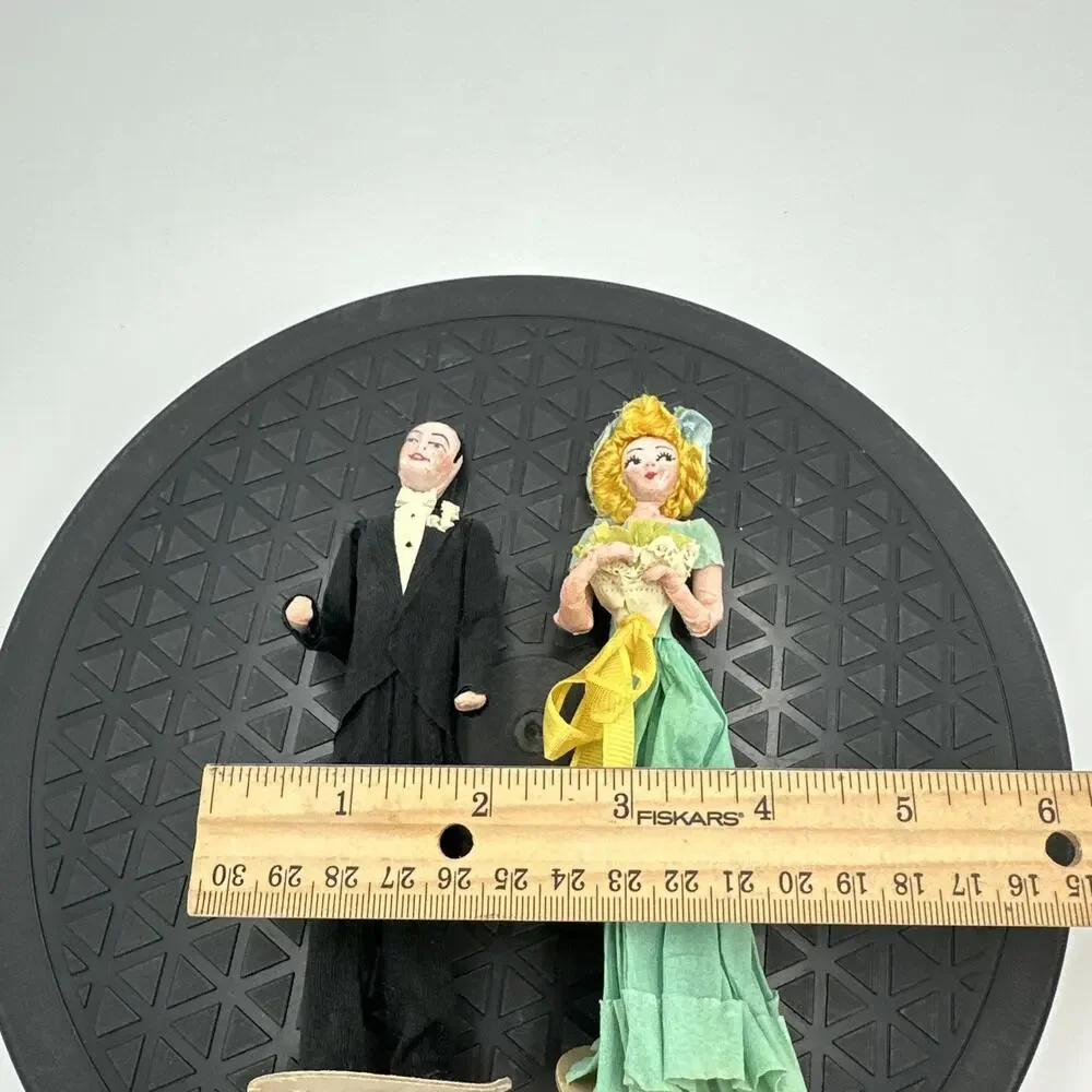 Vintage 1949 Crepe Paper Mache Bride+Groom Wedding Cake Topper Teal Gown